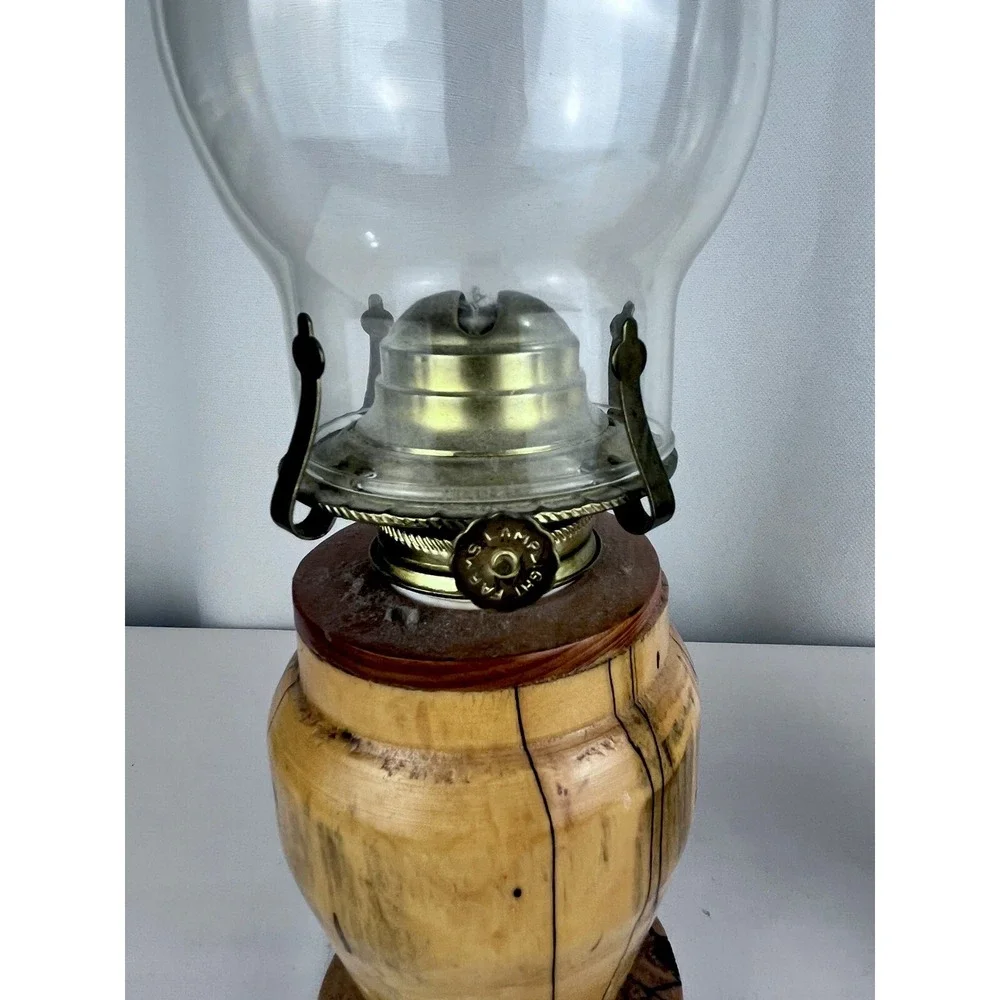 Vintage Wood Oil Lamp Lamps With Removeable Canister & Clear Glass Chimney 2